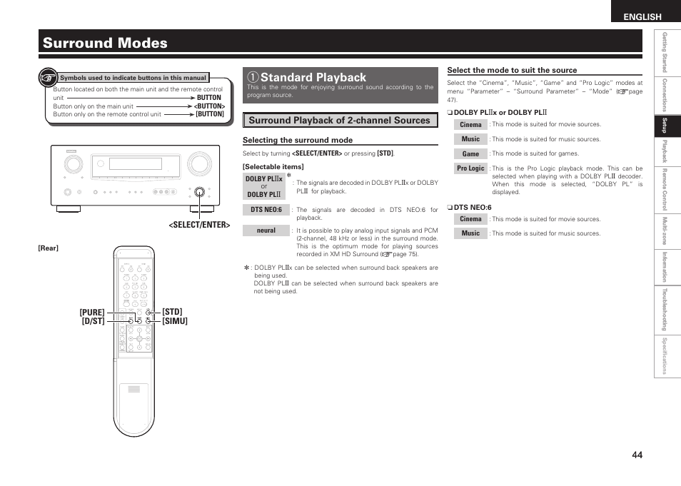 Surround modes, Qstandard playback, Surround playback of 2-channel sources | Denon AVR-1909 User Manual | Page 47 / 92