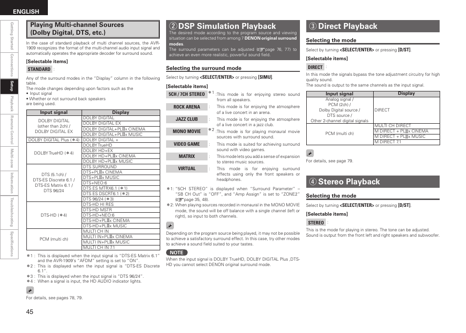 Wdsp simulation playback, Direct playback, Stereo playback | Denon AVR-1909 User Manual | Page 48 / 92