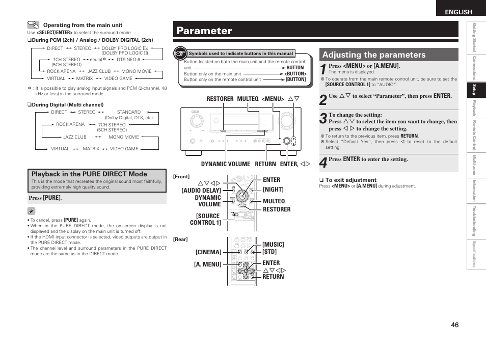 Parameter, Adjusting the parameters | Denon AVR-1909 User Manual | Page 49 / 92