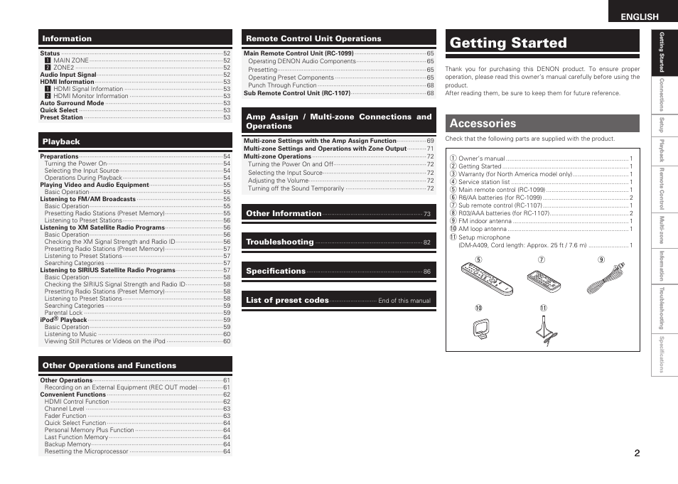 Getting started, Accessories, English | Denon AVR-1909 User Manual | Page 5 / 92