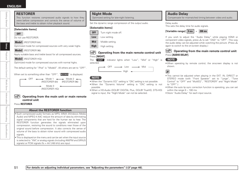 Restorer, Night mode, Audio delay | English | Denon AVR-1909 User Manual | Page 54 / 92