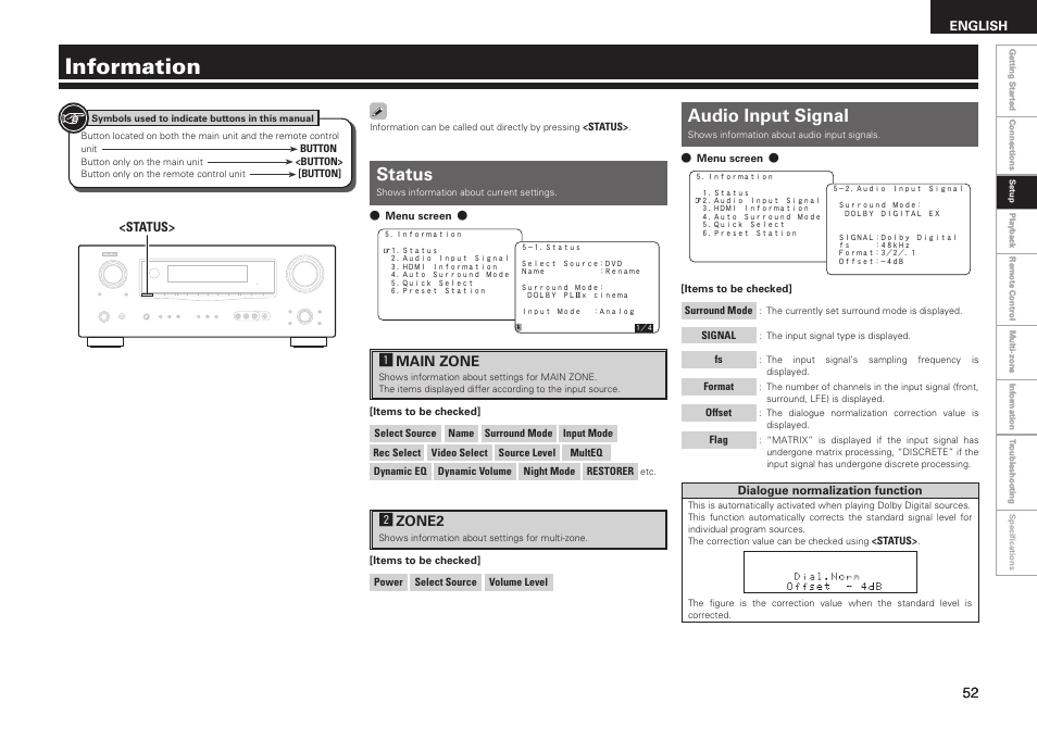 Information, Status, Audio input signal | Amain zone, Szone2, English | Denon AVR-1909 User Manual | Page 55 / 92