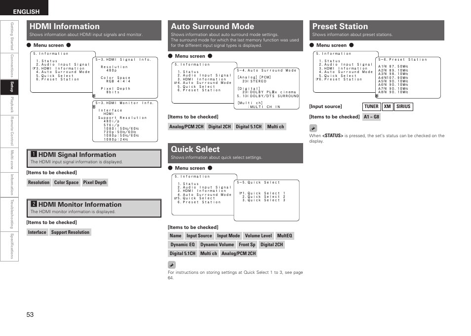 Hdmi information, Auto surround mode, Preset station | Quick select, Ahdmi signal information, Shdmi monitor information, English | Denon AVR-1909 User Manual | Page 56 / 92