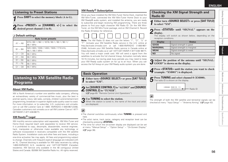 Listening to xm satellite radio programs | Denon AVR-1909 User Manual | Page 59 / 92