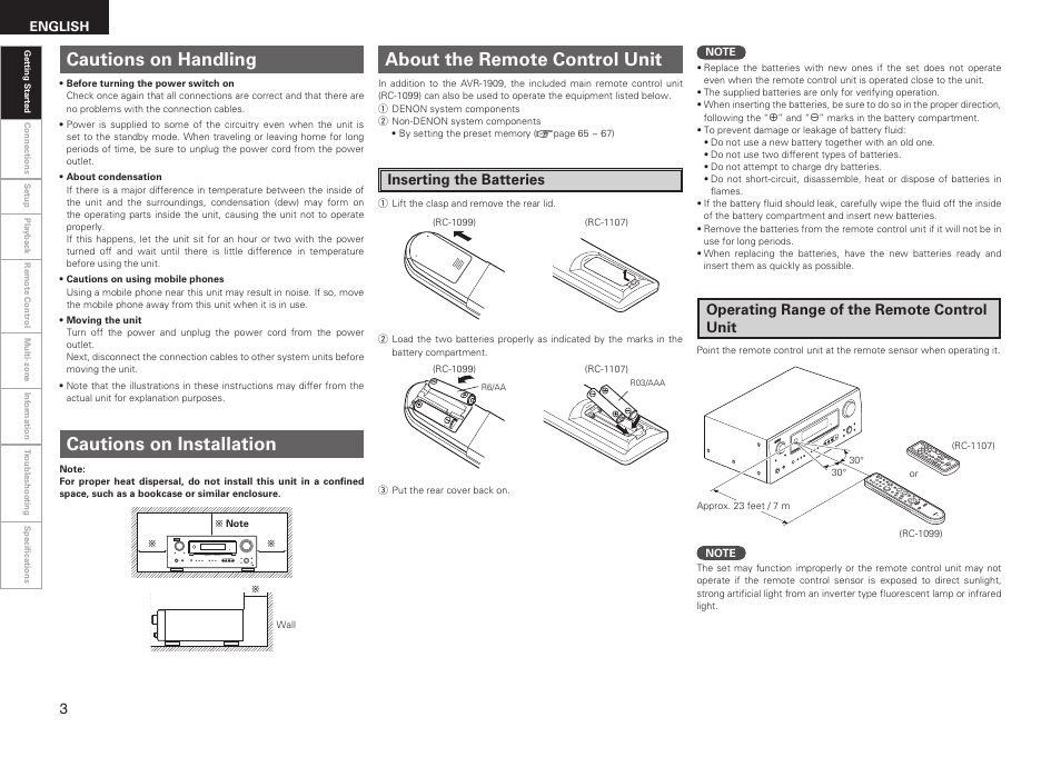 Inserting the batteries, Operating range of the remote control unit, English | Denon AVR-1909 User Manual | Page 6 / 92