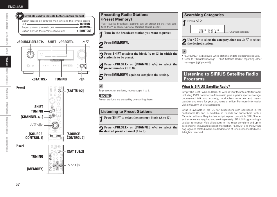 Listening to sirius satellite radio programs | Denon AVR-1909 User Manual | Page 60 / 92