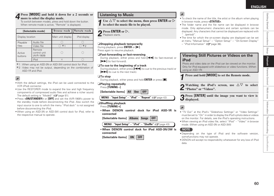 Listening to music, Viewing still pictures or videos on the ipod | Denon AVR-1909 User Manual | Page 63 / 92