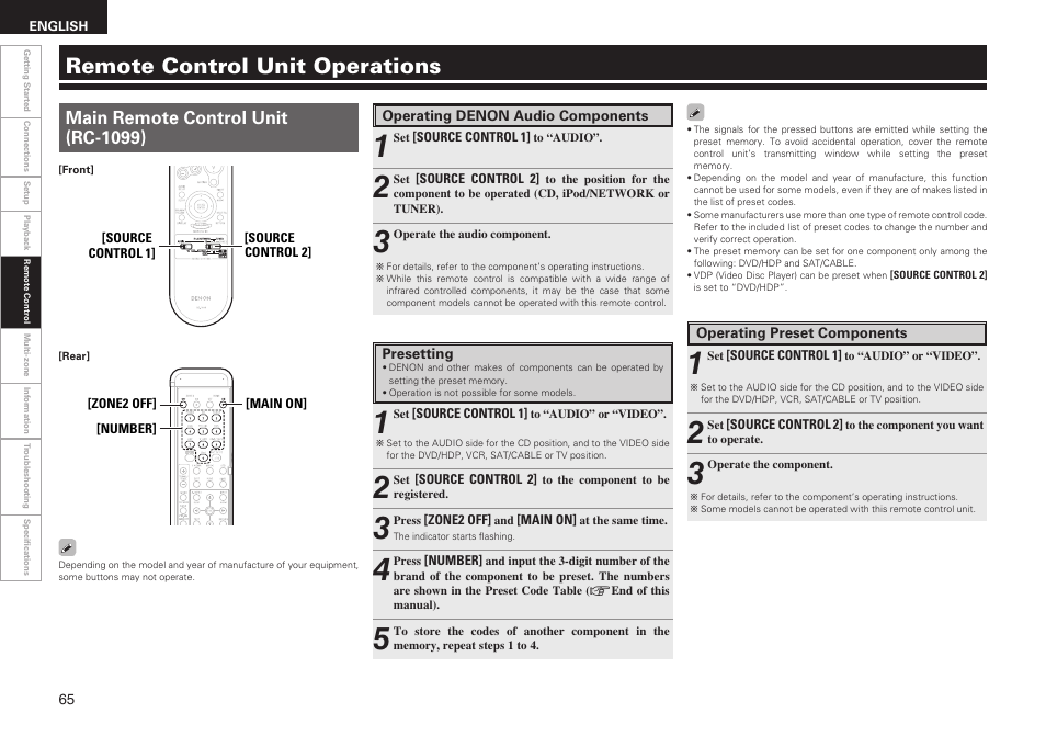 Remote control unit operations, Main remote control unit (rc-1099) | Denon AVR-1909 User Manual | Page 68 / 92