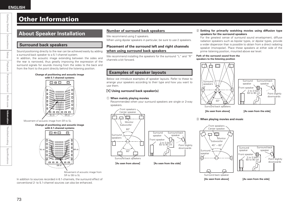 Other information, About speaker installation, Surround back speakers | Examples of speaker layouts, English, Number of surround back speakers | Denon AVR-1909 User Manual | Page 76 / 92