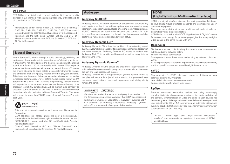 Neural surround, Audyssey, Hdmi (high-definition multimedia interface) | Denon AVR-1909 User Manual | Page 78 / 92