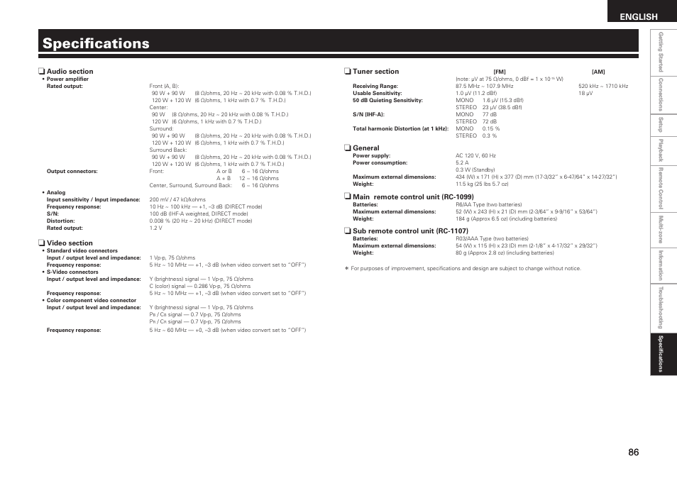 Specifications, English | Denon AVR-1909 User Manual | Page 89 / 92