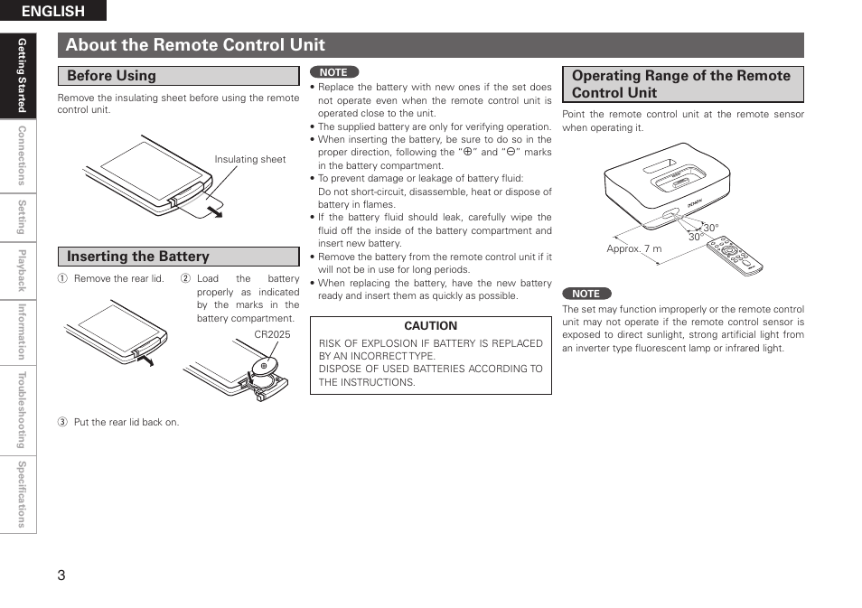 About the remote control unit, English, Operating range of the remote control unit | Inserting the battery, Before using | Denon ASD-51N User Manual | Page 10 / 42