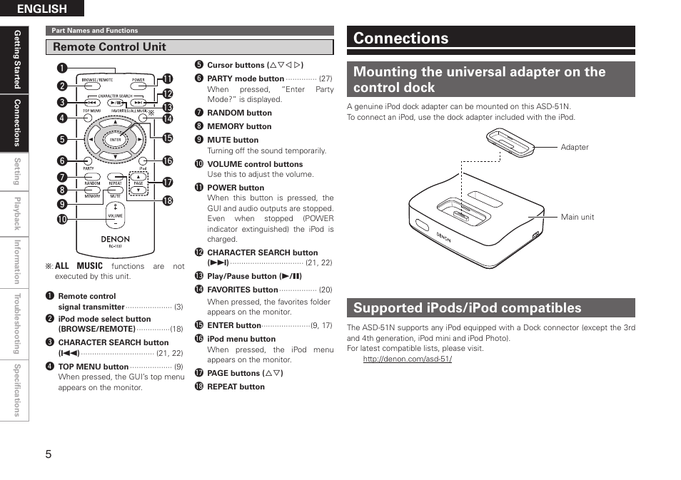 Connections, Mounting the universal adapter on the control dock, Supported ipods/ipod compatibles | English, Remote control unit | Denon ASD-51N User Manual | Page 12 / 42