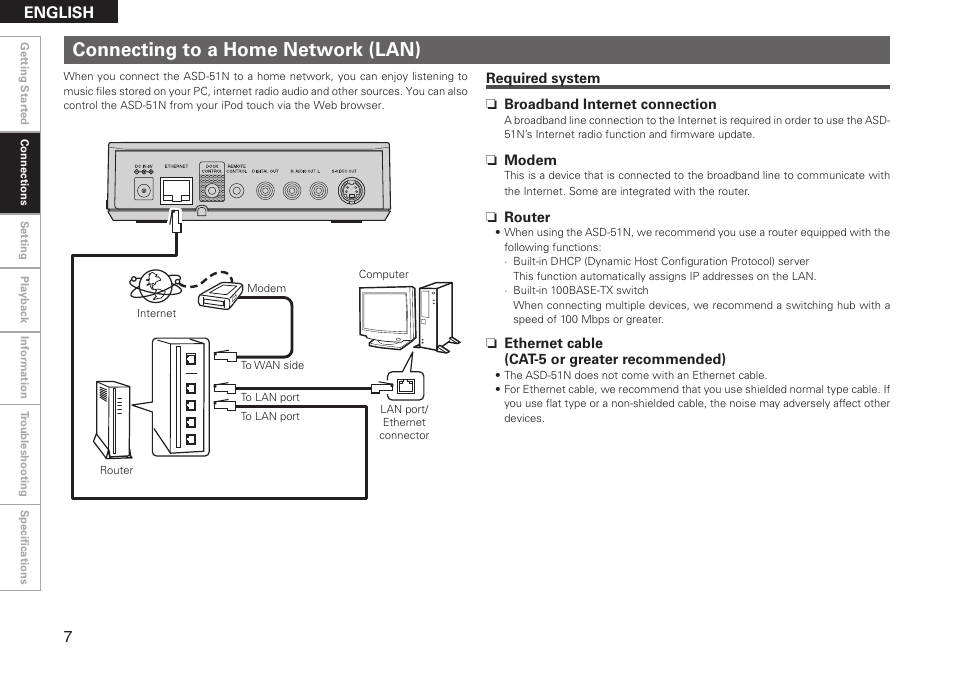 Connecting to a home network (lan), English | Denon ASD-51N User Manual | Page 14 / 42