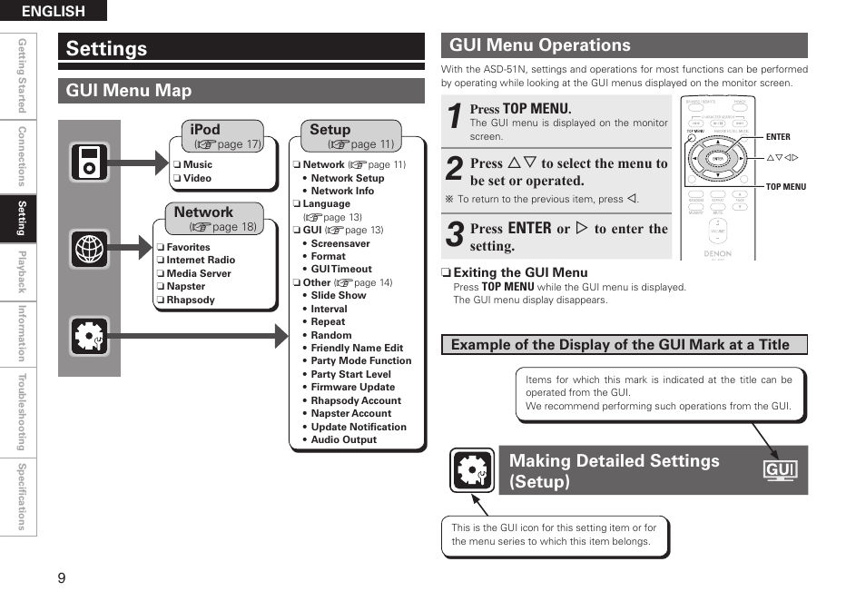 Settings, Gui menu map, Gui menu operations | Making detailed settings (setup) | Denon ASD-51N User Manual | Page 16 / 42