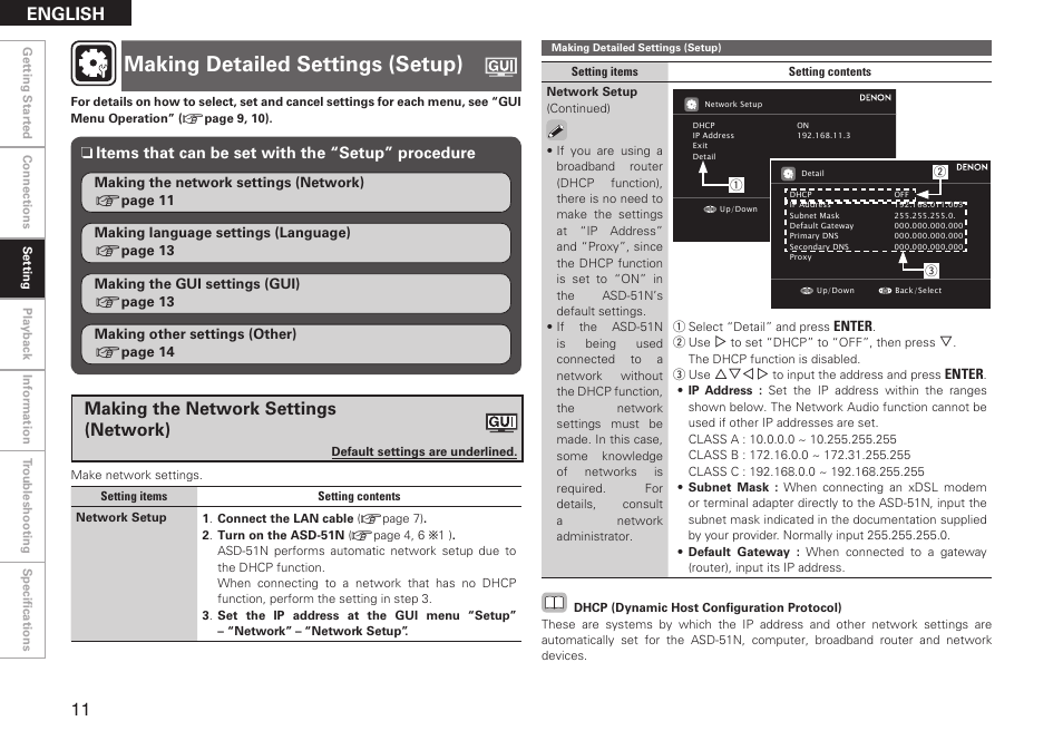 Making detailed settings (setup), English, Making the network settings (network) | Items that can be set with the “setup” procedure n | Denon ASD-51N User Manual | Page 18 / 42