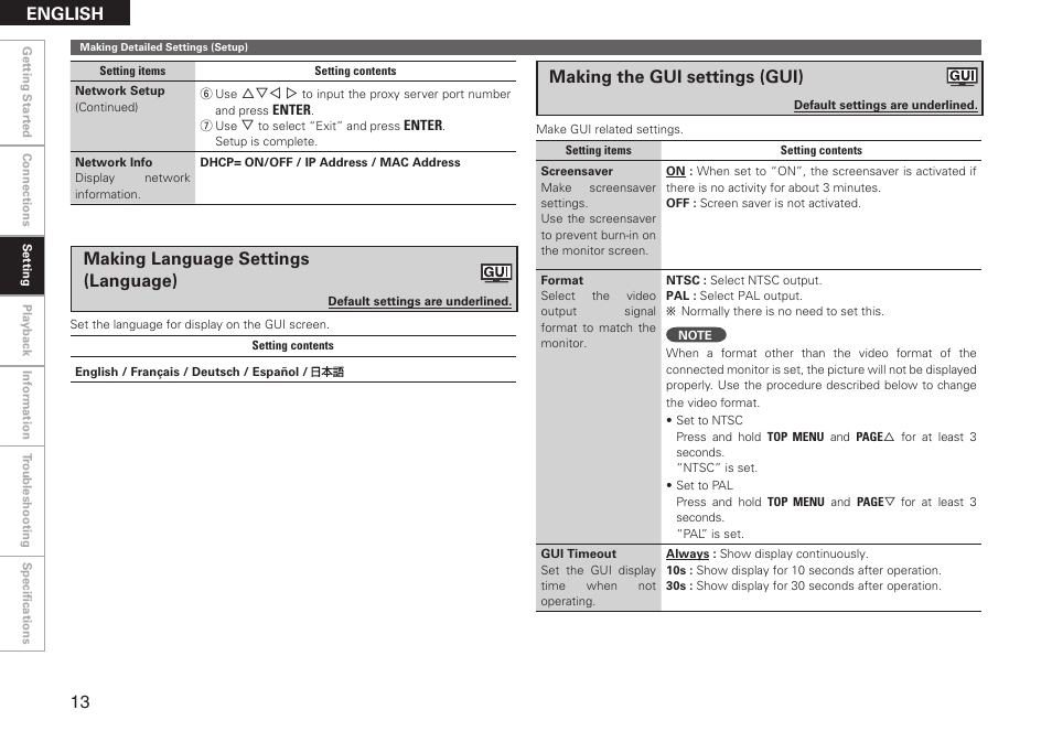 English, Making language settings (language), Making the gui settings (gui) | Denon ASD-51N User Manual | Page 20 / 42