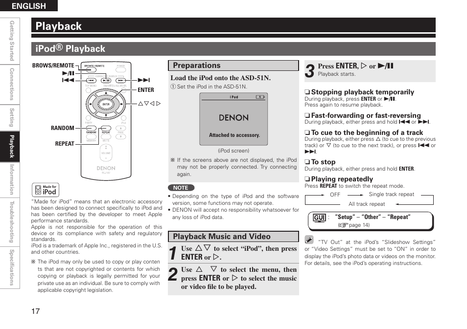 Playback, Ipod® playback | Denon ASD-51N User Manual | Page 24 / 42