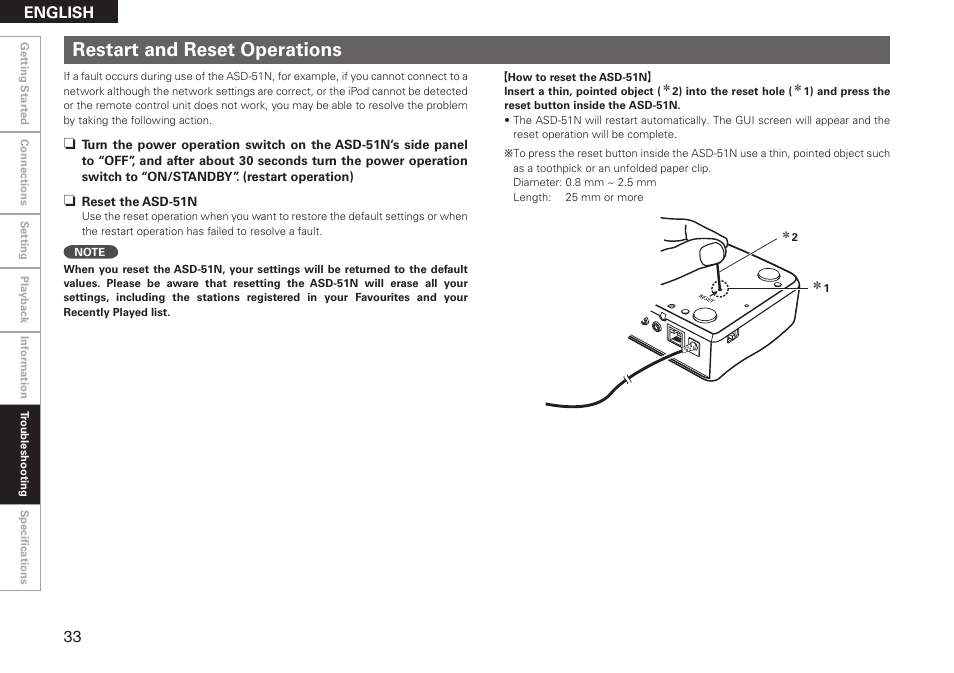 Restart and reset operations, English | Denon ASD-51N User Manual | Page 40 / 42