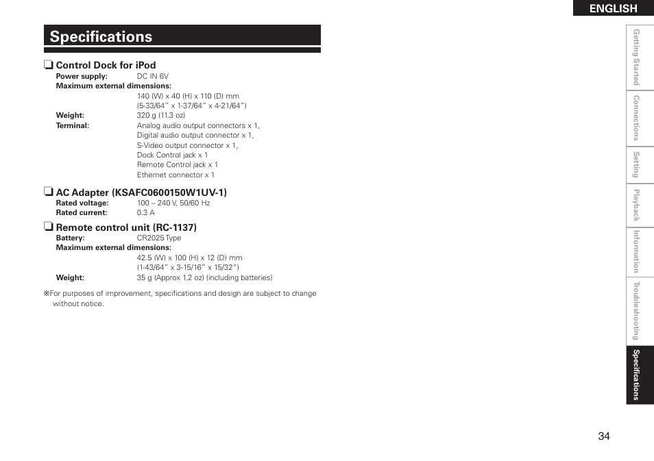 Specifications, English | Denon ASD-51N User Manual | Page 41 / 42