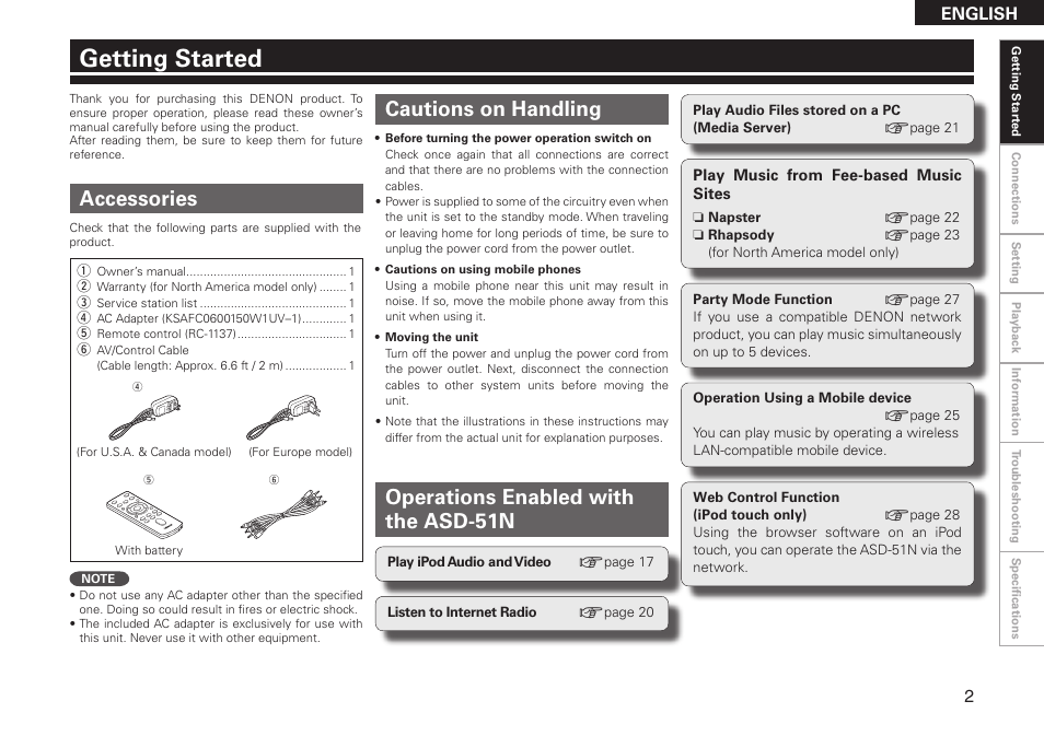Getting started, Accessories, Cautions on handling | Operations enabled with the asd-51n, English | Denon ASD-51N User Manual | Page 9 / 42