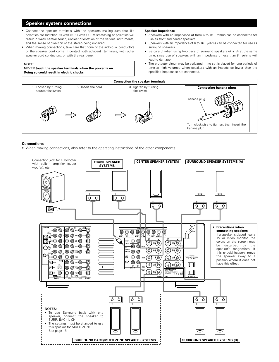 Speaker system connections | Denon AVR-3802 User Manual | Page 12 / 74