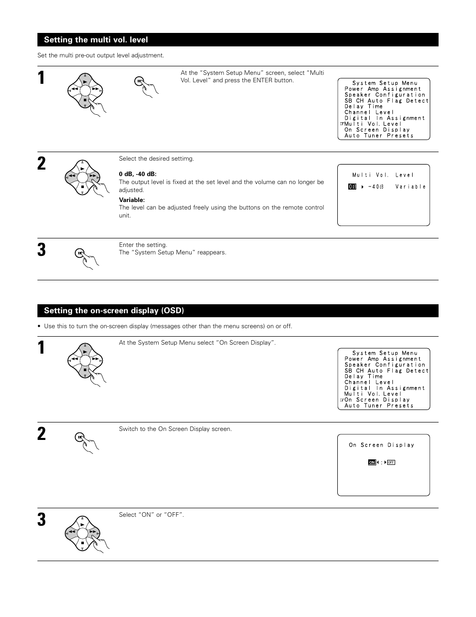 Setting the multi vol. level, Setting the on-screen display (osd) | Denon AVR-3802 User Manual | Page 26 / 74