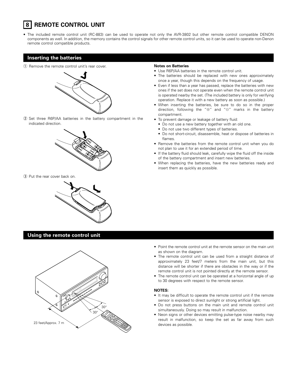 Remote control unit, 8 remote control unit, Inserting the batteries | Using the remote control unit | Denon AVR-3802 User Manual | Page 29 / 74