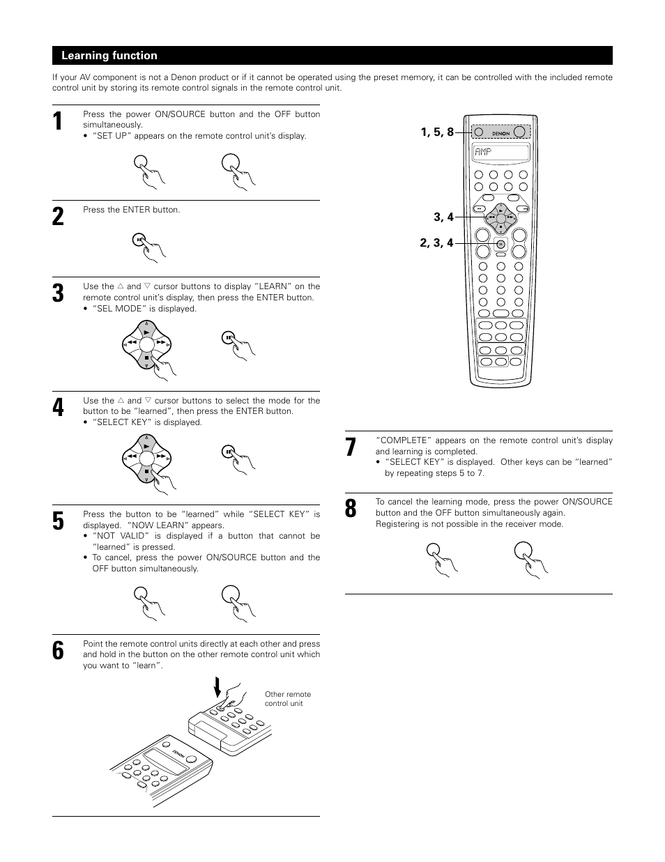 Learning function, Press the enter button | Denon AVR-3802 User Manual | Page 34 / 74