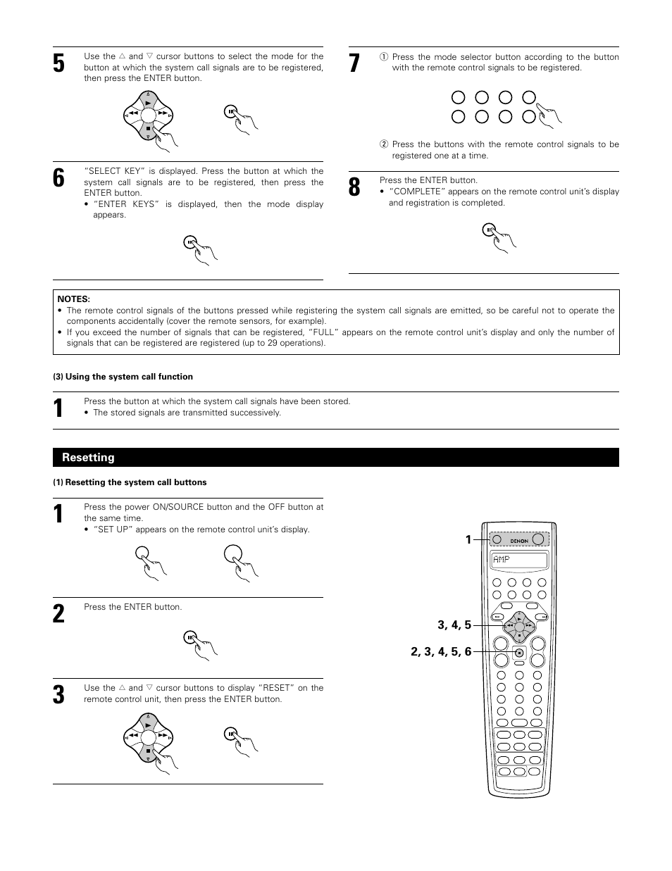 Resetting, 1) resetting the system call buttons | Denon AVR-3802 User Manual | Page 36 / 74