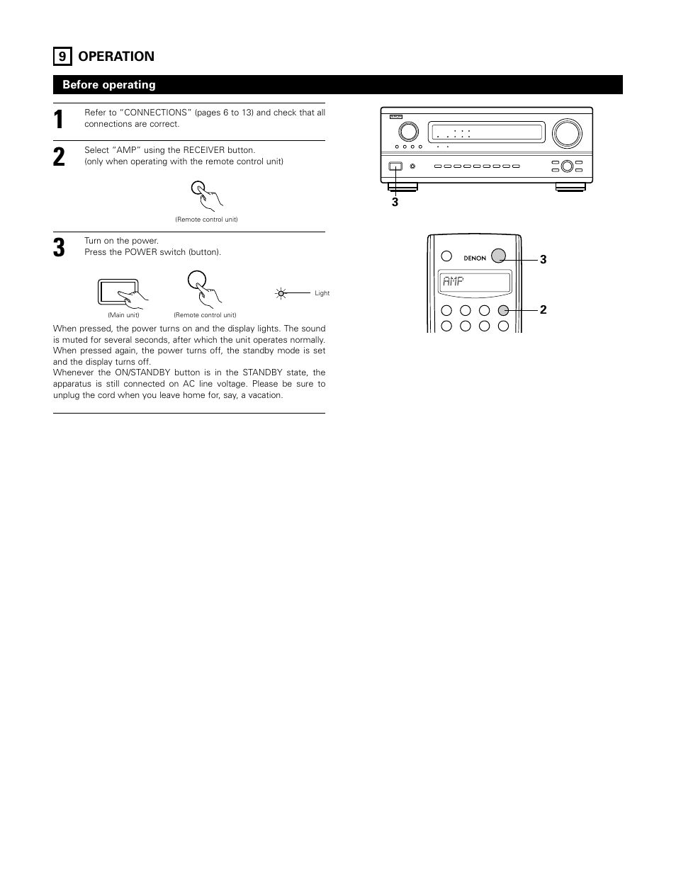 Operation, 9 operation, Before operating | Denon AVR-3802 User Manual | Page 41 / 74