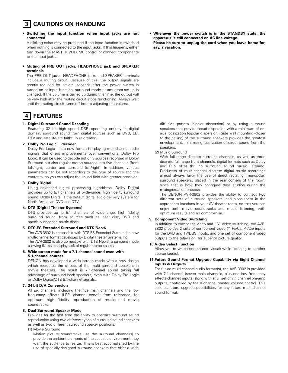 Cautions on handling, Features, 3 cautions on handling 4 features | Denon AVR-3802 User Manual | Page 5 / 74