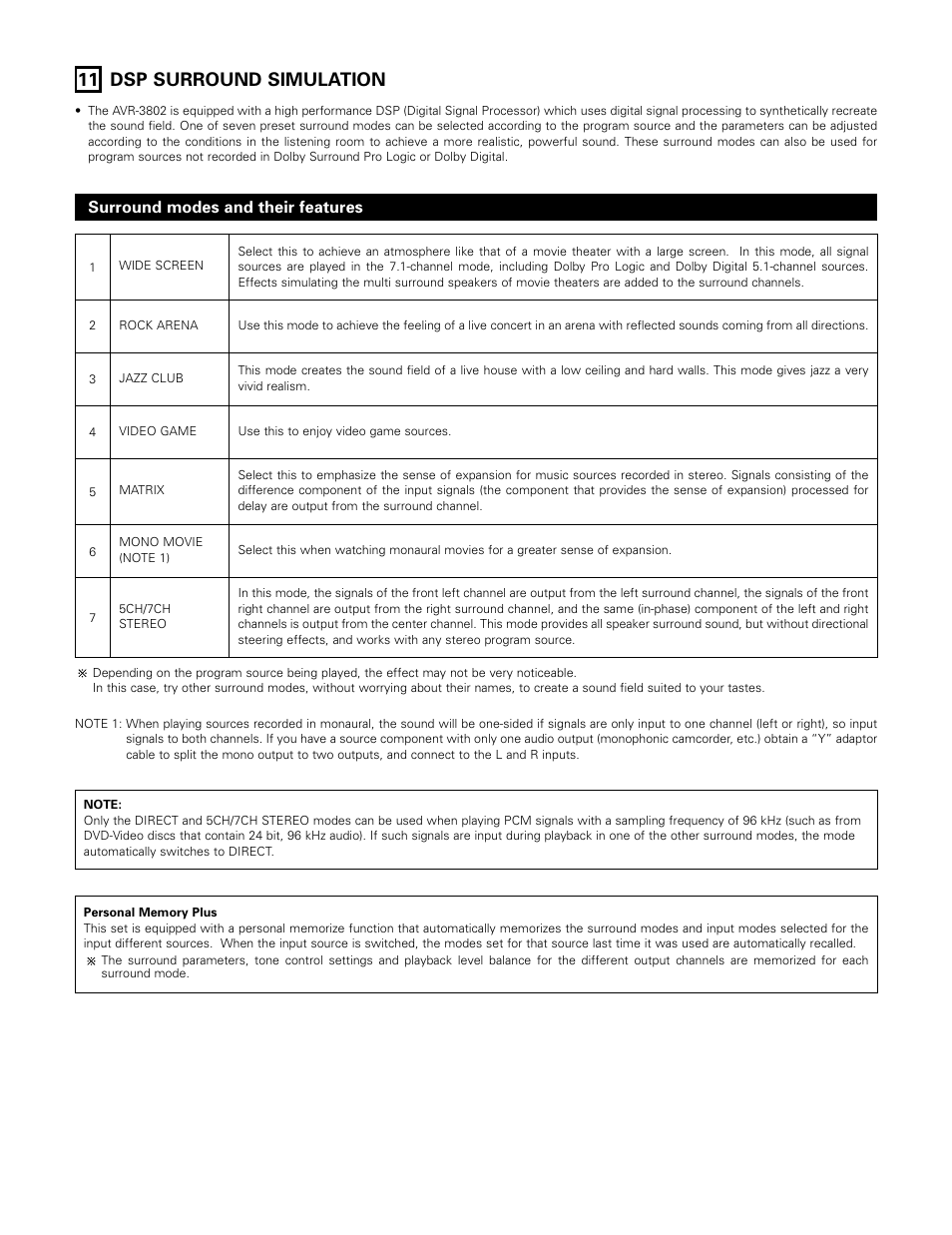 Dsp surround simulation, 11 dsp surround simulation, Surround modes and their features | Denon AVR-3802 User Manual | Page 54 / 74