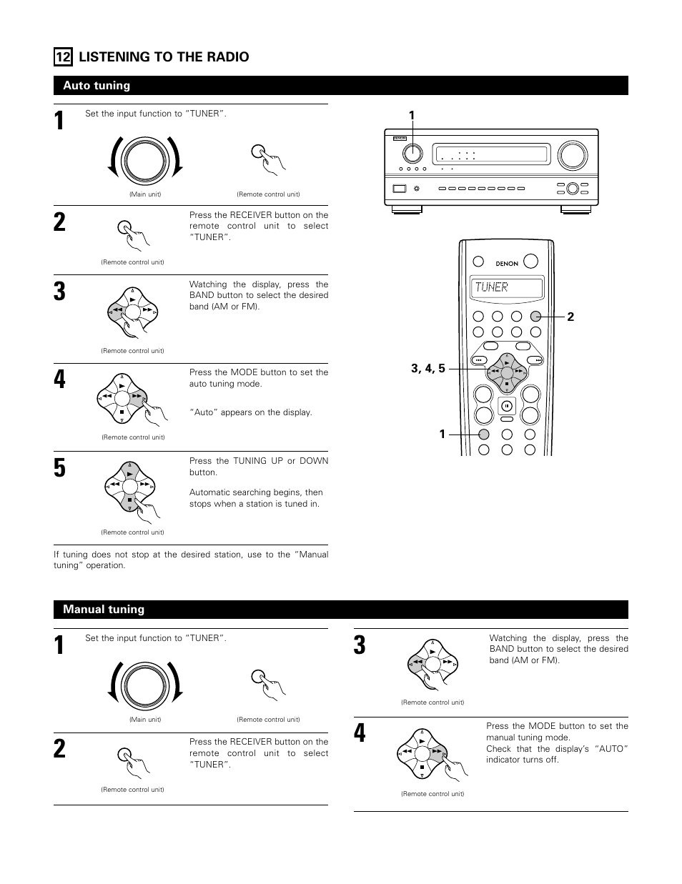 Listening to the radio, 12 listening to the radio, Auto tuning | Manual tuning | Denon AVR-3802 User Manual | Page 60 / 74