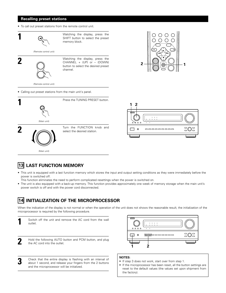 Last function memory, Initialization of the microprocessor, 14 initialization of the microprocessor | Recalling preset stations | Denon AVR-3802 User Manual | Page 62 / 74