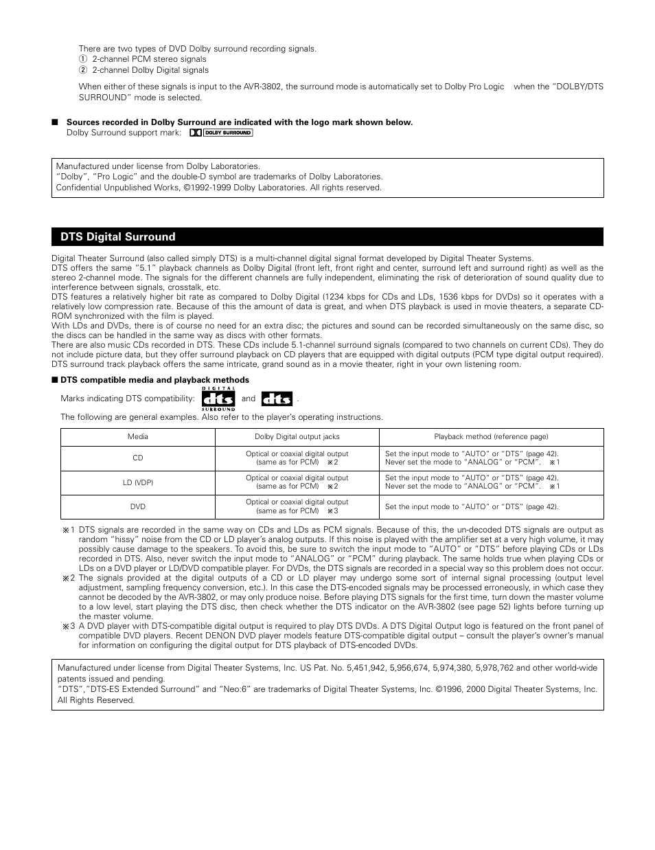 Dts digital surround | Denon AVR-3802 User Manual | Page 69 / 74