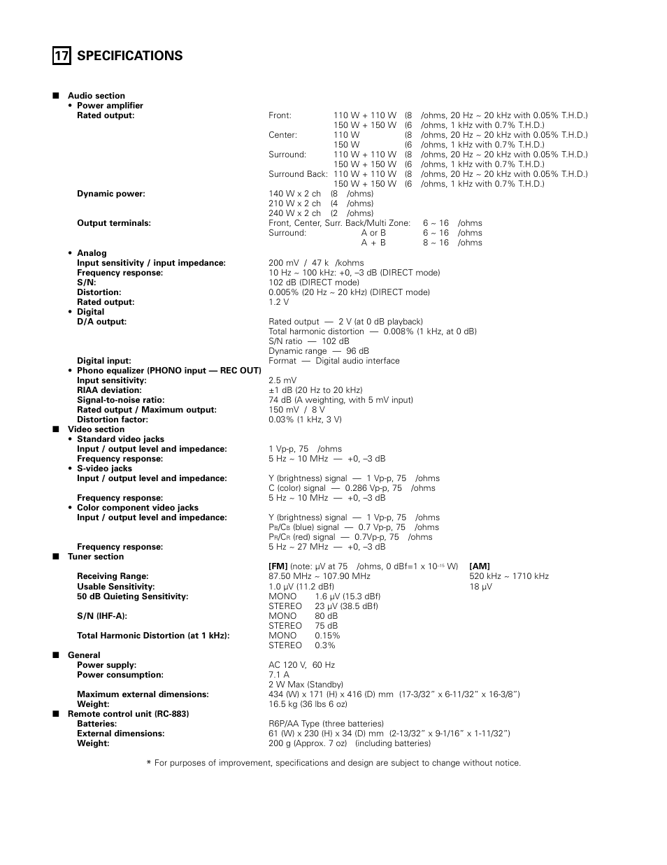 Specifications, 17 specifications | Denon AVR-3802 User Manual | Page 73 / 74