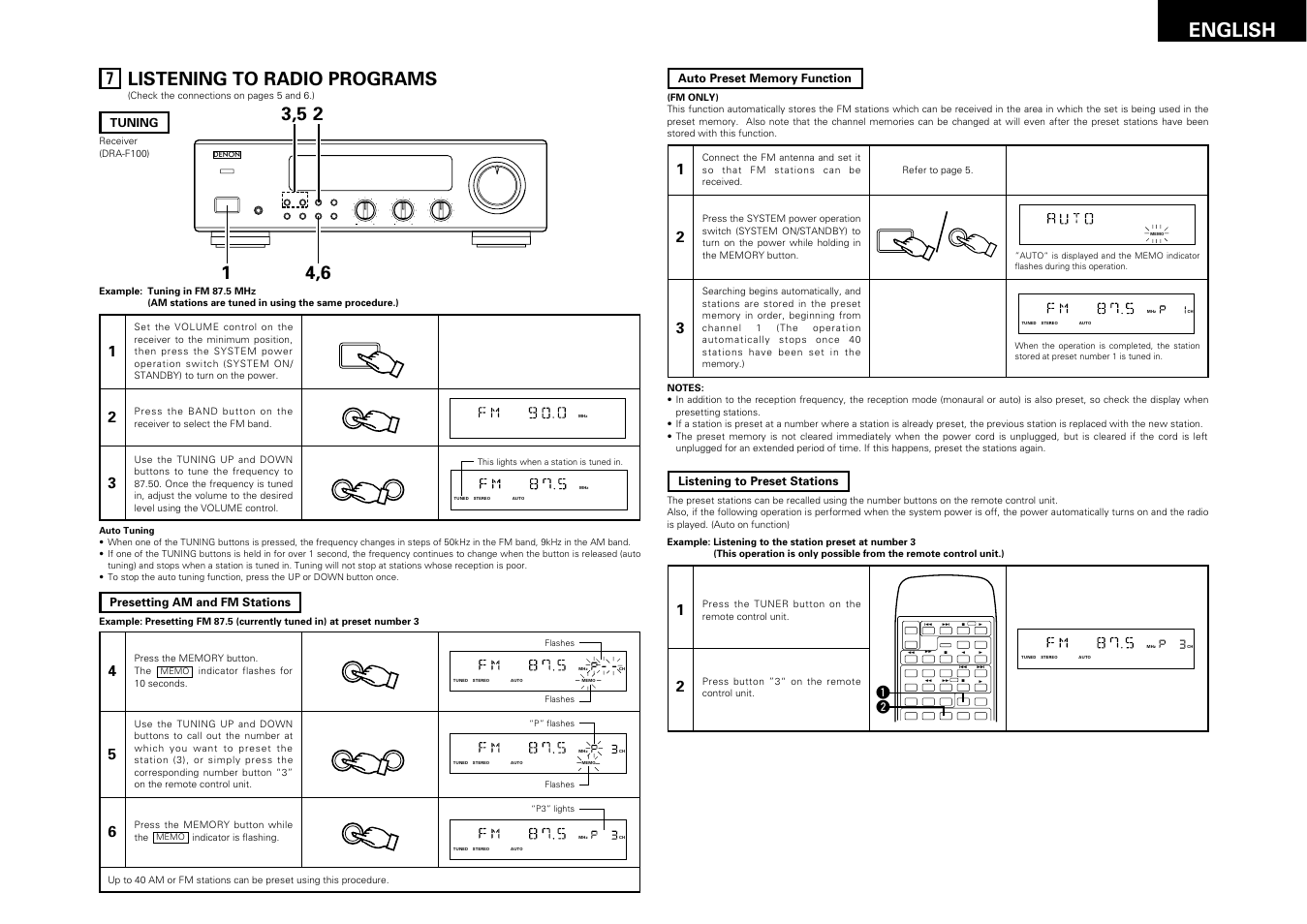 Listening to radio programs, 11 english, Remote sensor | On / standby | Denon DRA-F100 User Manual | Page 11 / 54