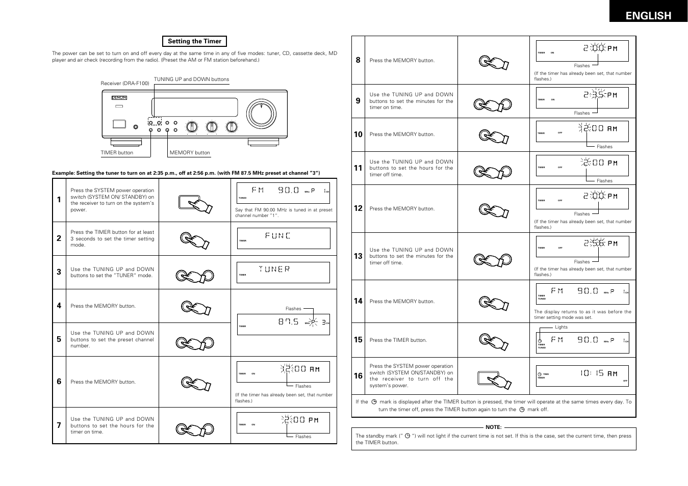 13 english, Remote sensor, On / standby | Denon DRA-F100 User Manual | Page 13 / 54