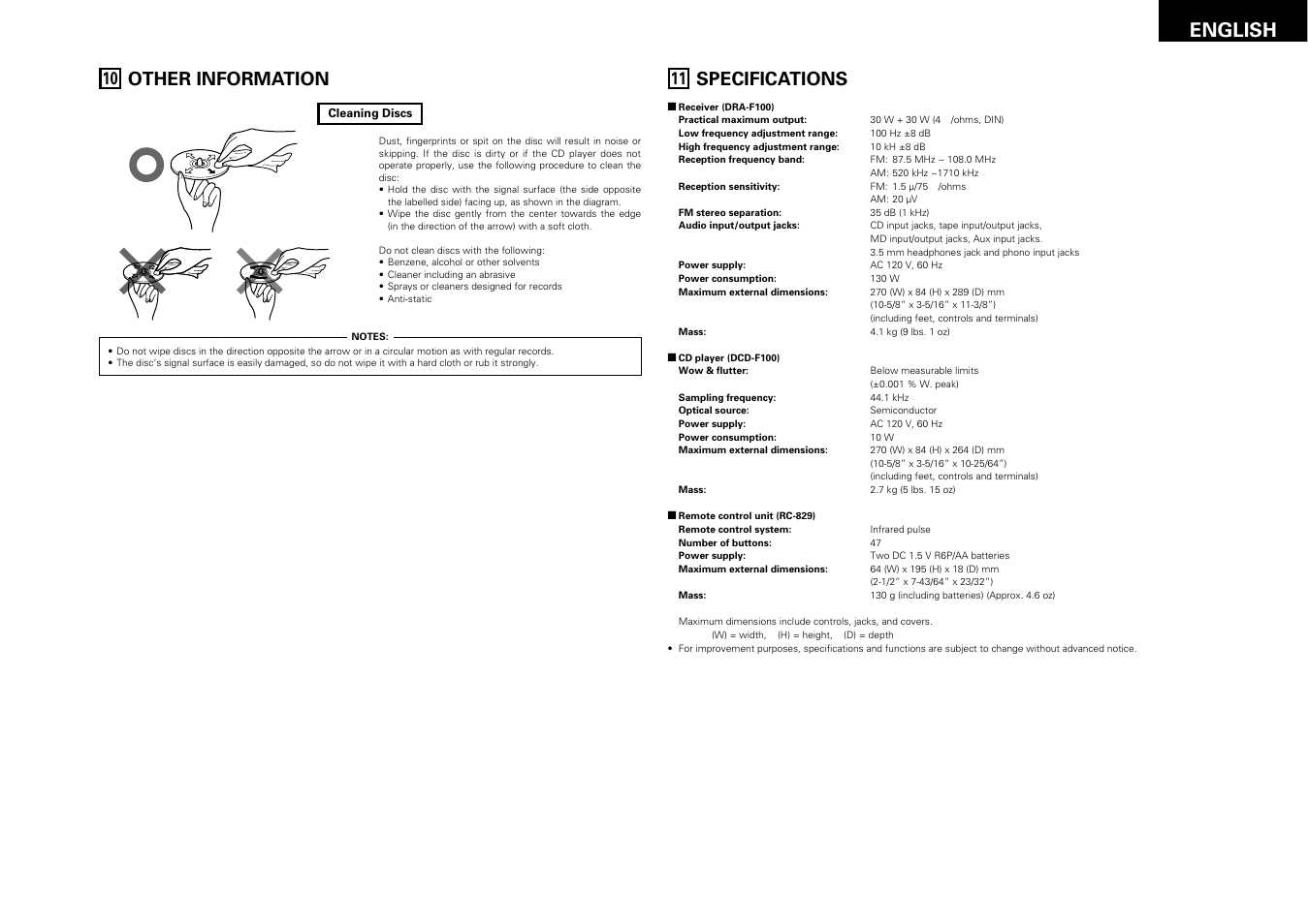Other information, Specifications, 19 english | Denon DRA-F100 User Manual | Page 19 / 54
