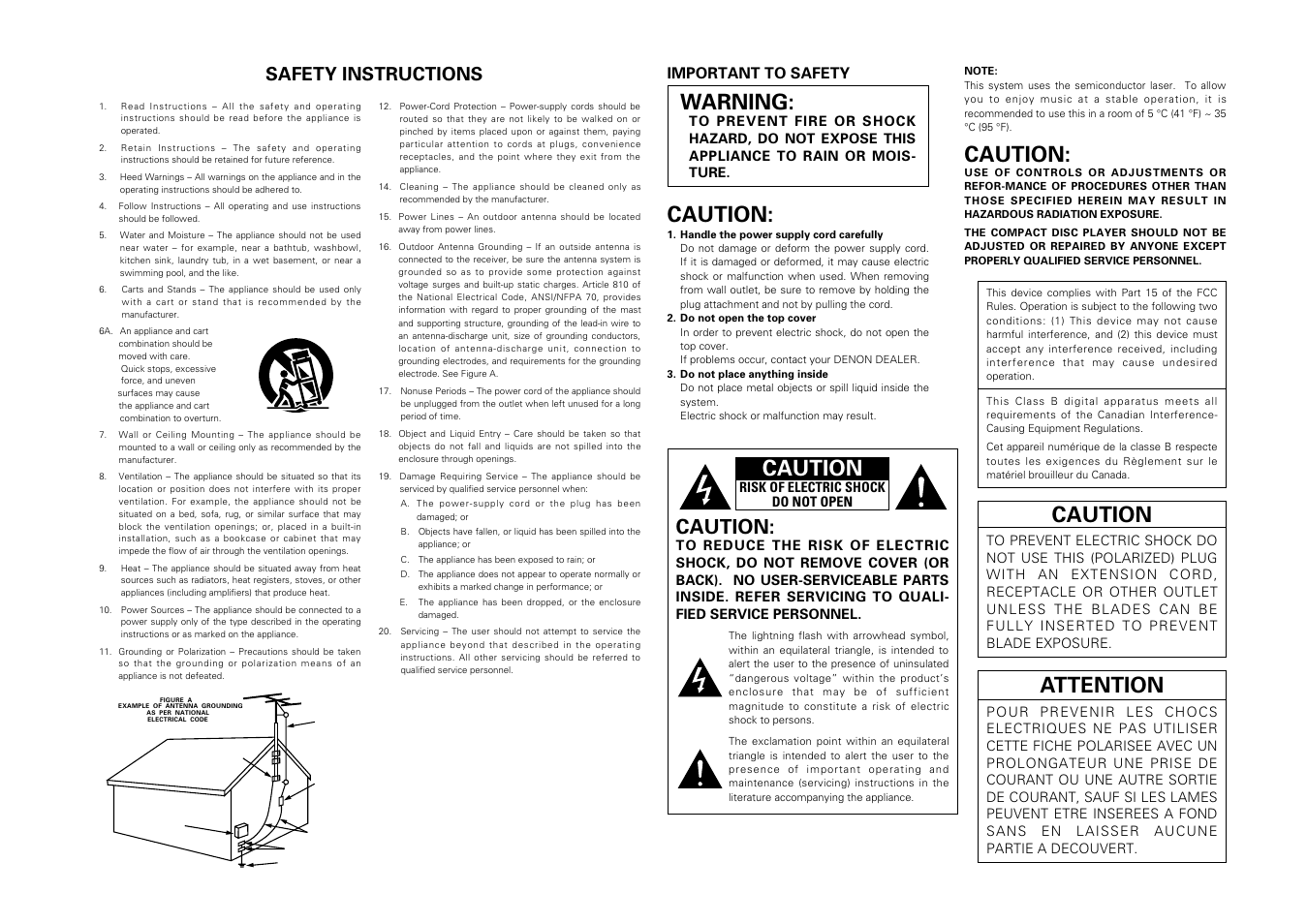 Warning, Caution, Attention | Safety instructions, Important to safety | Denon DRA-F100 User Manual | Page 2 / 54