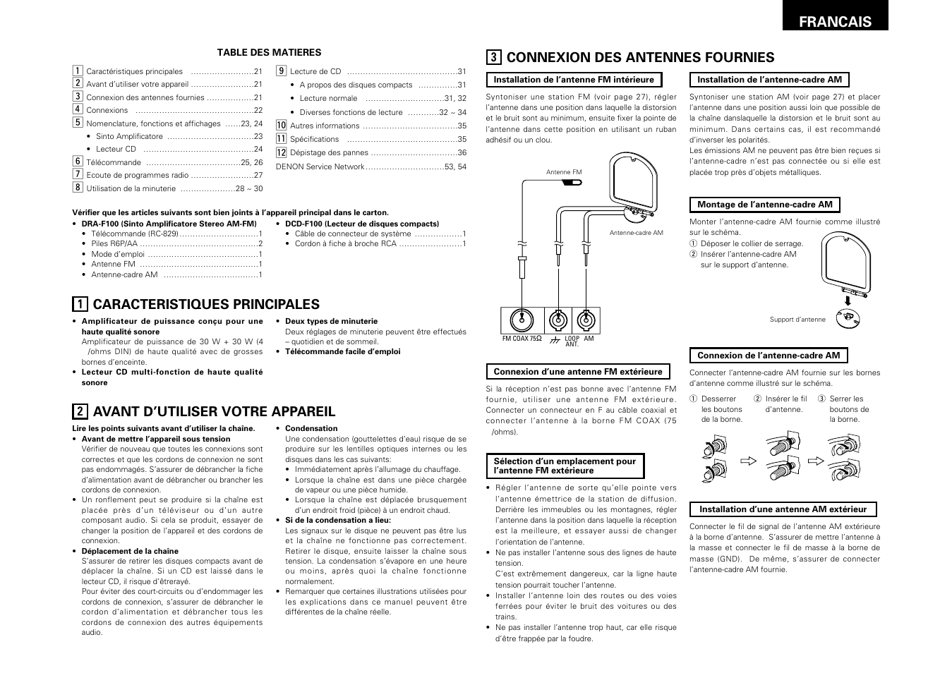 Francais, Caracteristiques principales, Avant d’utiliser votre appareil | Connexion des antennes fournies, 21 francais | Denon DRA-F100 User Manual | Page 21 / 54