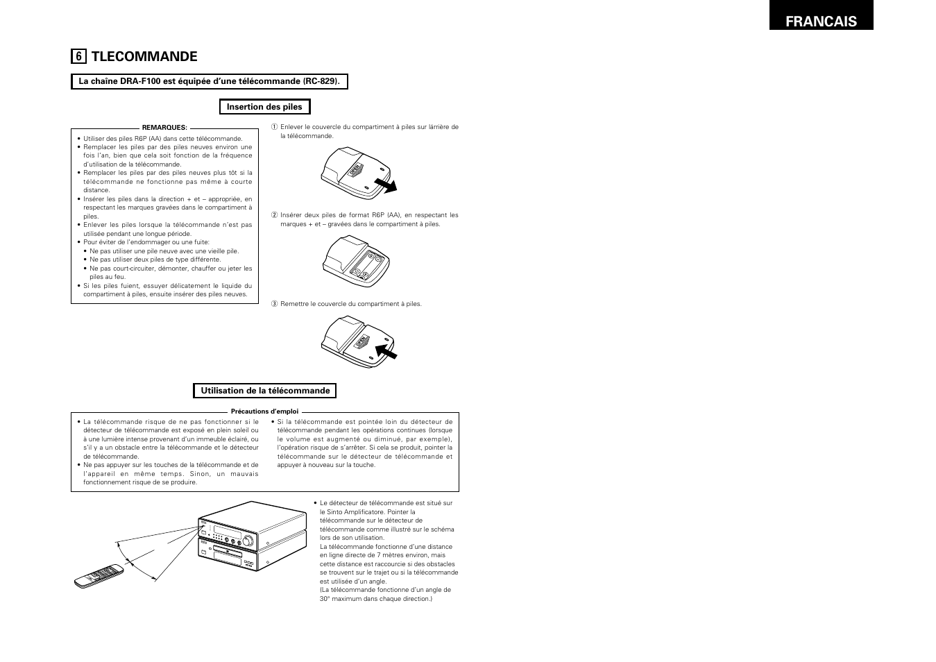 Tlecommande, 25 francais, Bmhz tuned stere o auto ch timer b | Denon DRA-F100 User Manual | Page 25 / 54