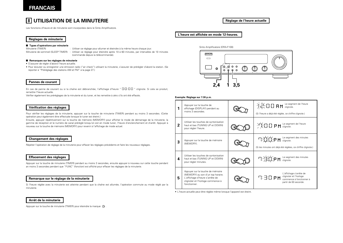 Utilisation de la minuterie, 28 francais, Remote sensor | On / standby | Denon DRA-F100 User Manual | Page 28 / 54