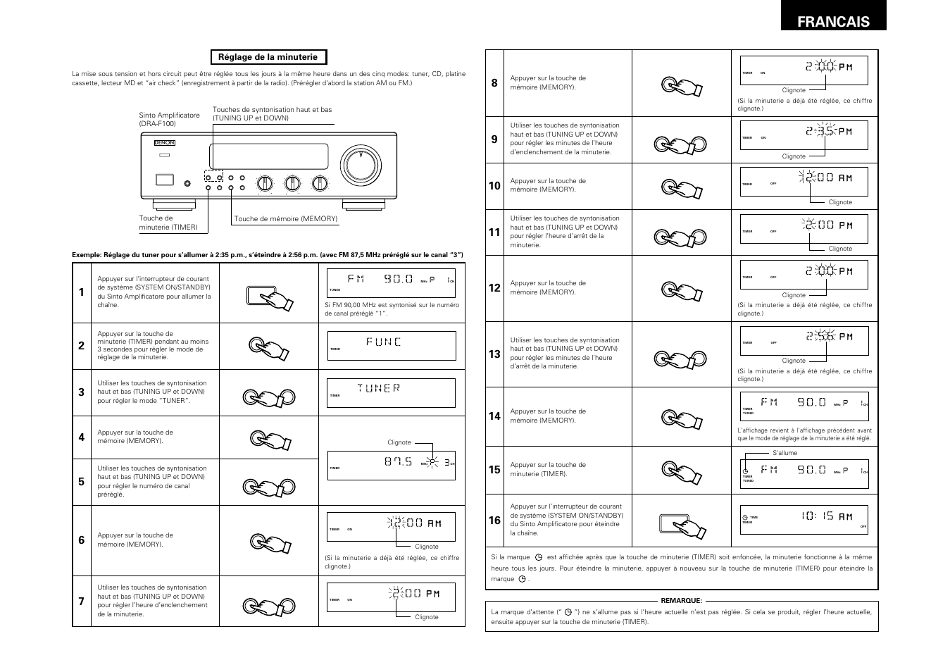 29 francais, Remote sensor, On / standby | Denon DRA-F100 User Manual | Page 29 / 54