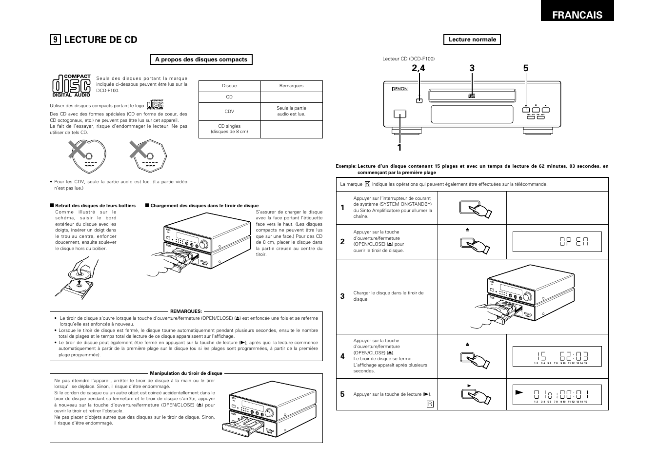 Lecture de cd, 31 francais, Bmhz tuned stere o auto ch timer b | Denon DRA-F100 User Manual | Page 31 / 54