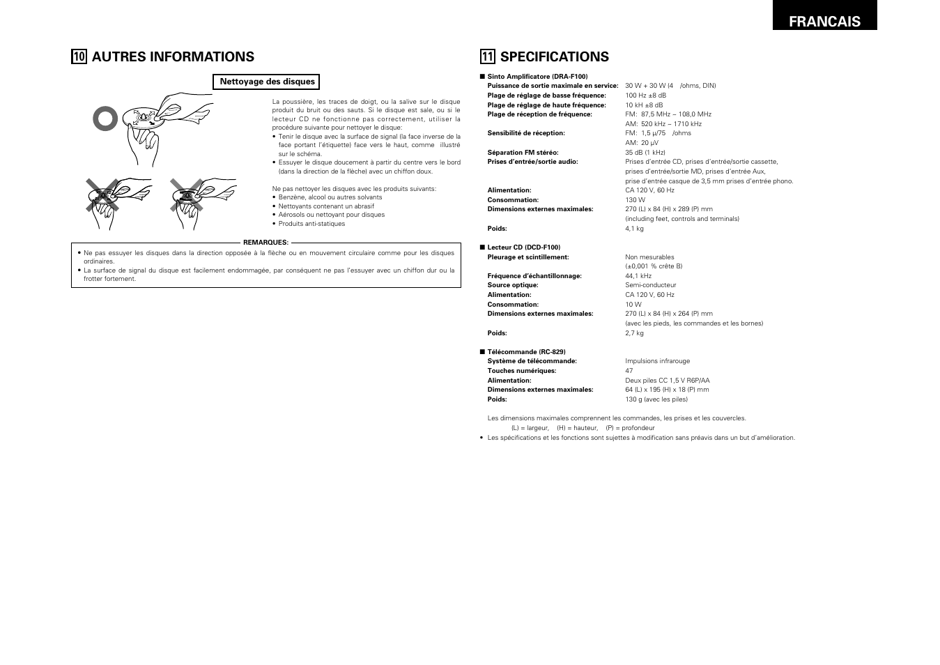 Autres informations, Specifications, 35 francais | Denon DRA-F100 User Manual | Page 35 / 54