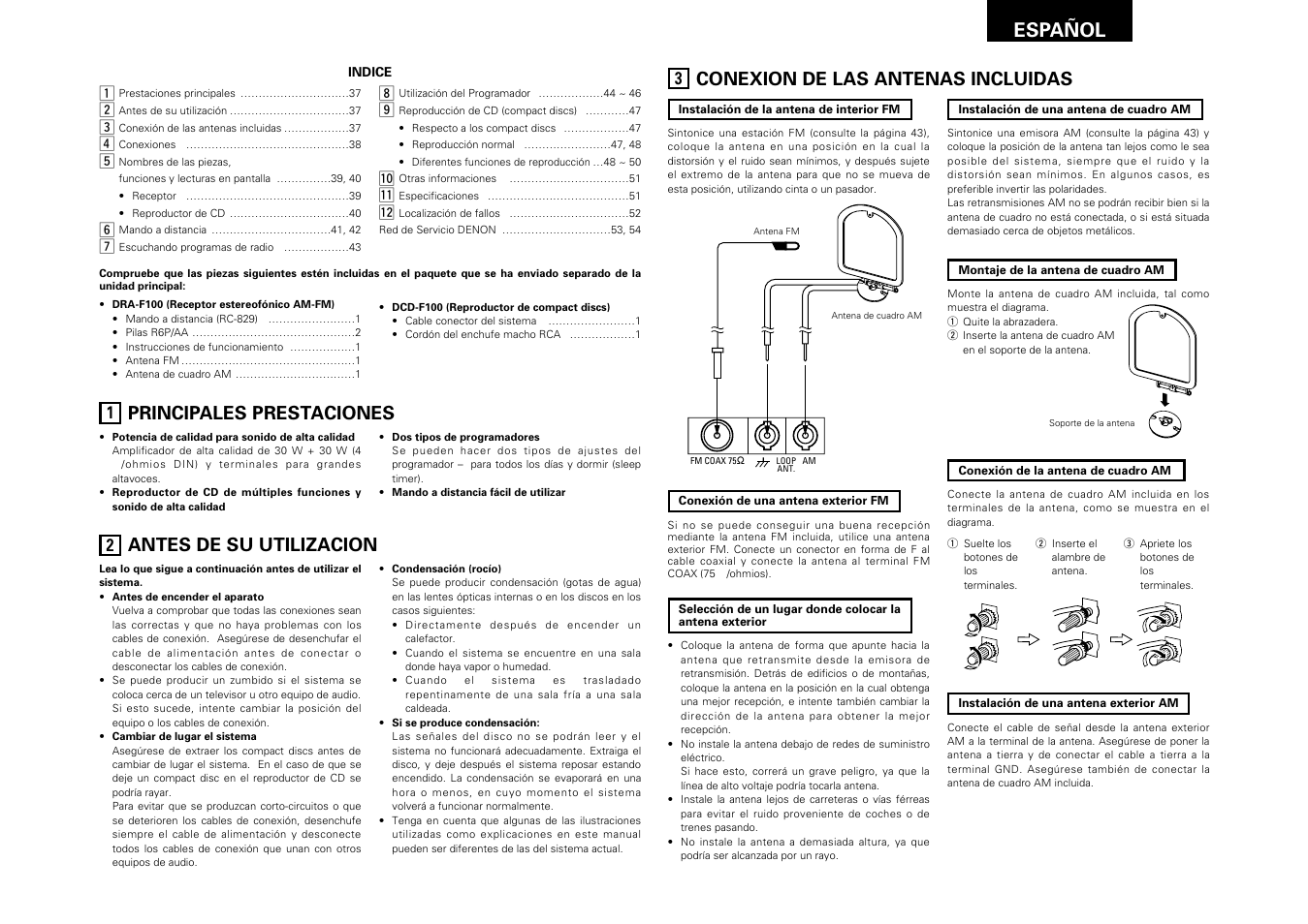 Español, Principales prestaciones, Antes de su utilizacion | Conexion de las antenas incluidas, Español 37 | Denon DRA-F100 User Manual | Page 37 / 54