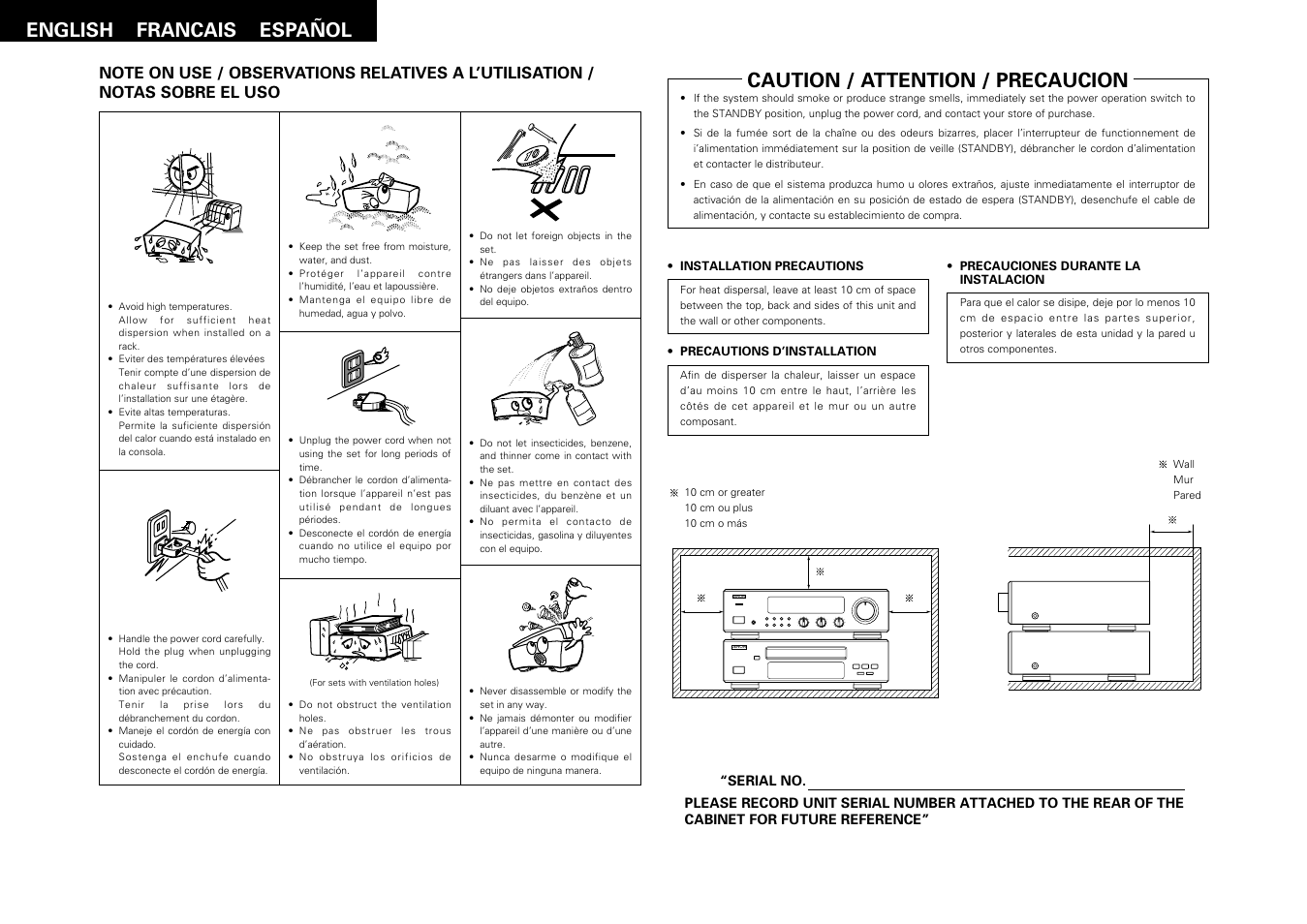 Caution / attention / precaucion, English francais español | Denon DRA-F100 User Manual | Page 4 / 54