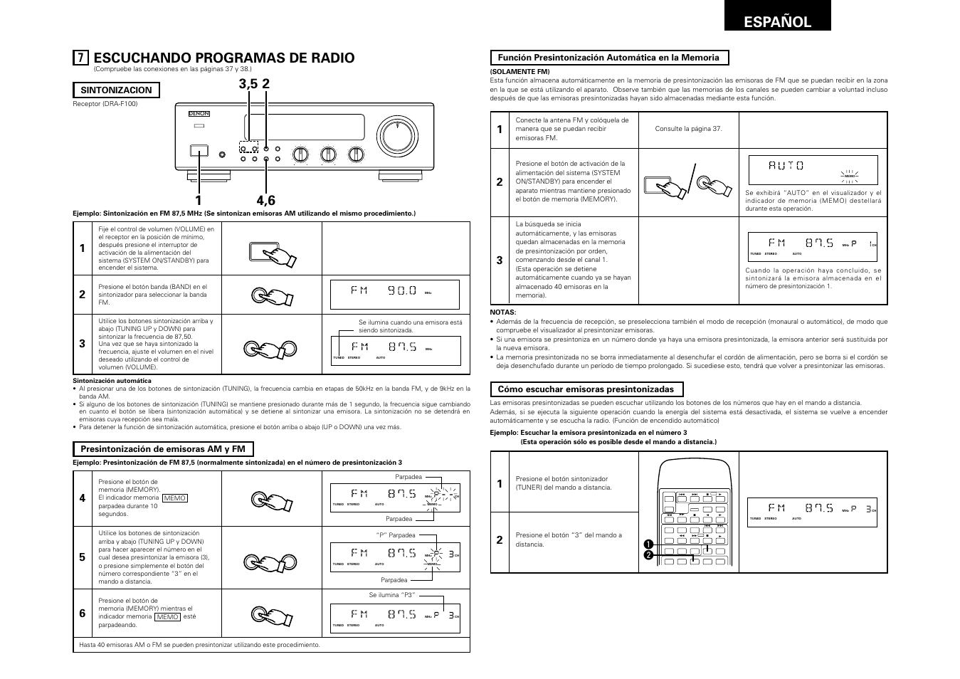 Escuchando programas de radio, Español 43, Remote sensor | On / standby | Denon DRA-F100 User Manual | Page 43 / 54